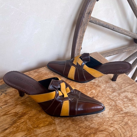 LOUIS STALLONE Brown & Gold Leather Mule Slide Heels Woman’s Sz 39 ITALY NEW! - Picture 4 of 11